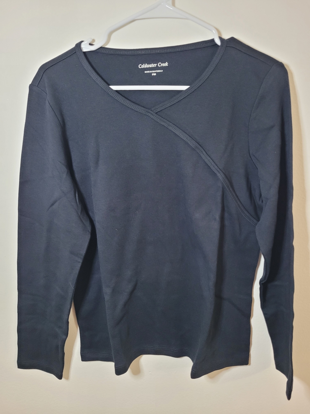Coldwater Creek Women's Black Long Sleeve Asymmetrical Wrap Top Size PM